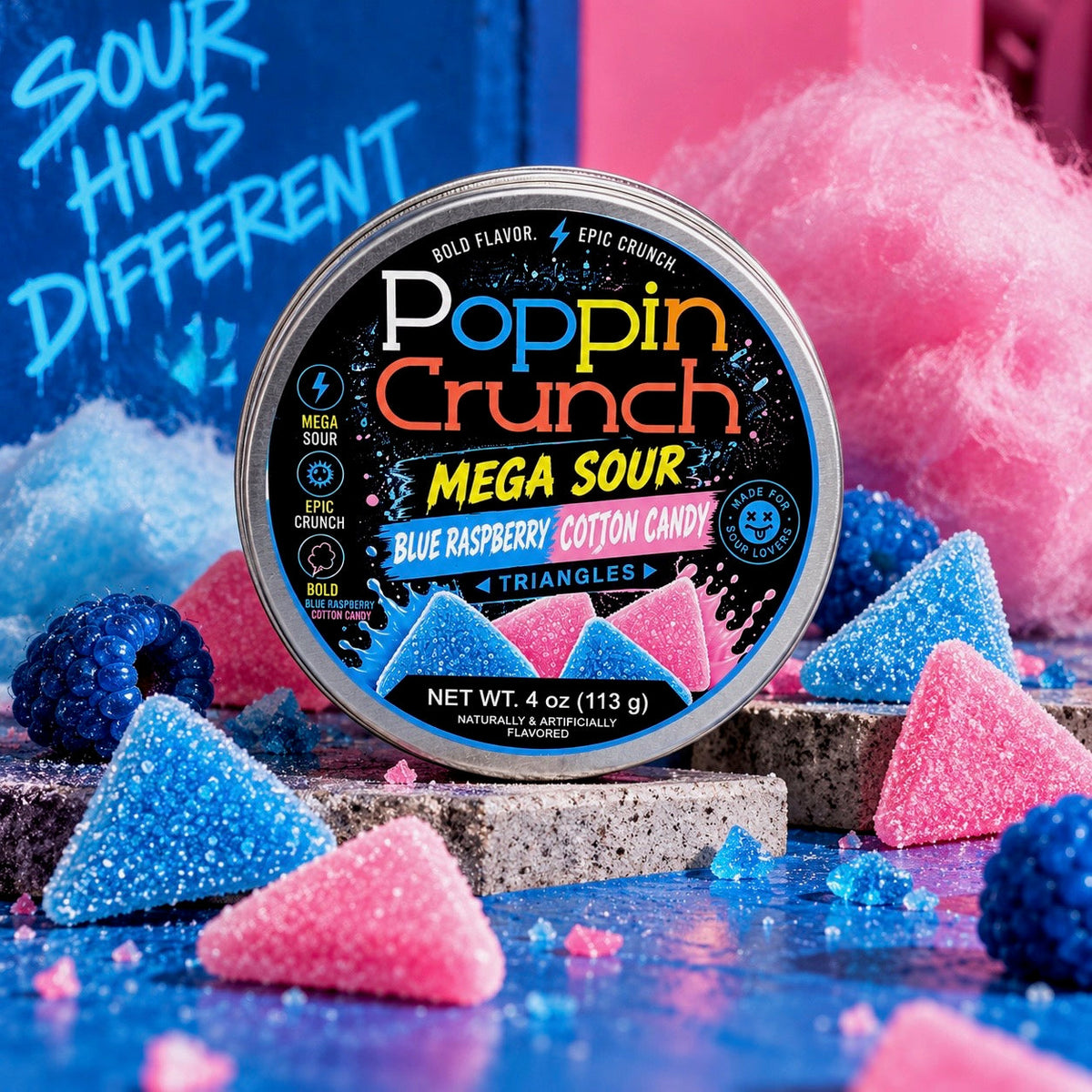 Poppin Crunch Sugar Free Mega Sour Candy Triangles