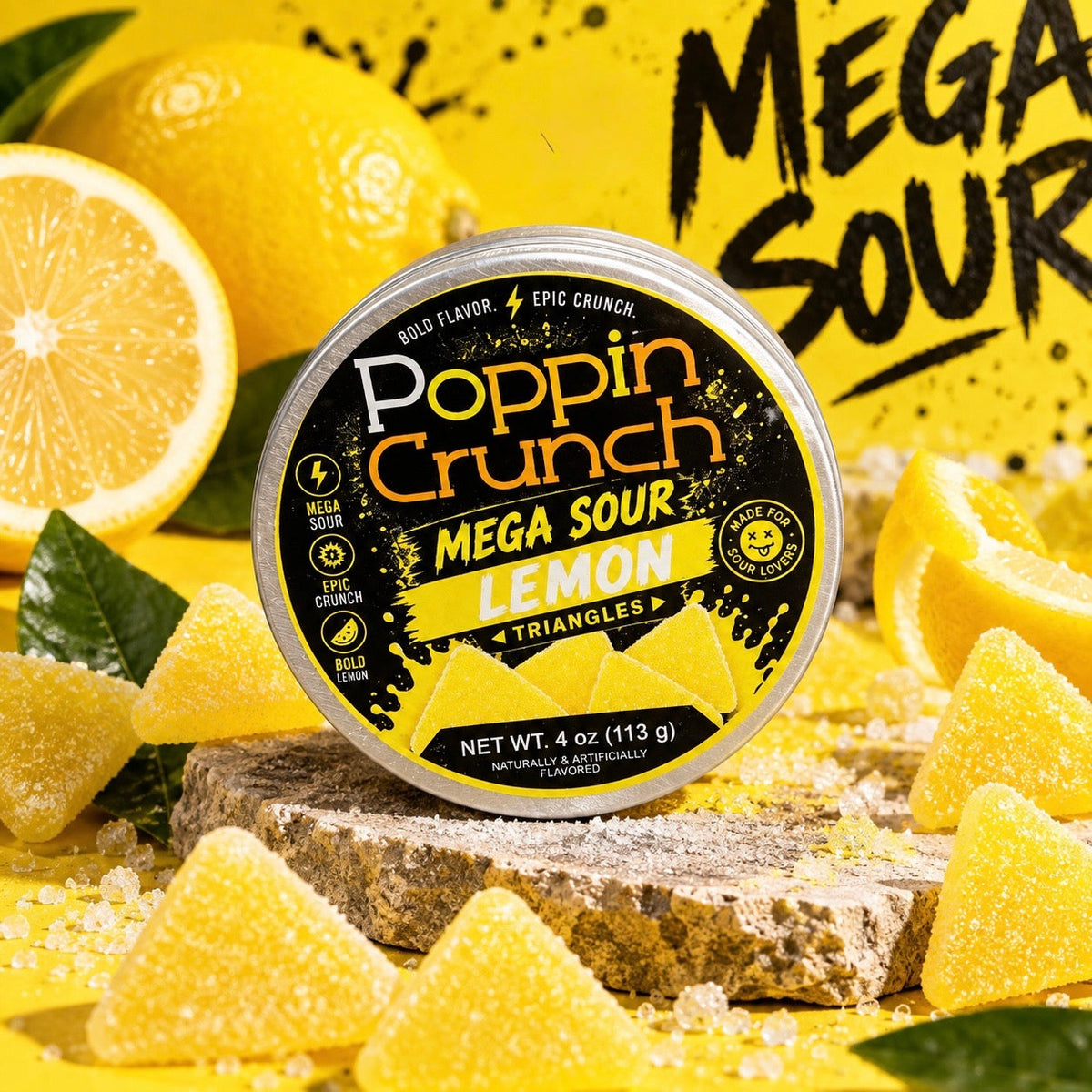 Poppin Crunch Sugar Free Mega Sour Candy Triangles