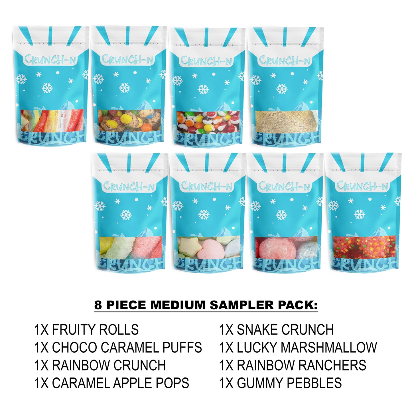 Crunch-N All Time Favorite 8 Pcs Medium Size Freeze Dried Sweet Candy Snacks Variety Sampler Packs