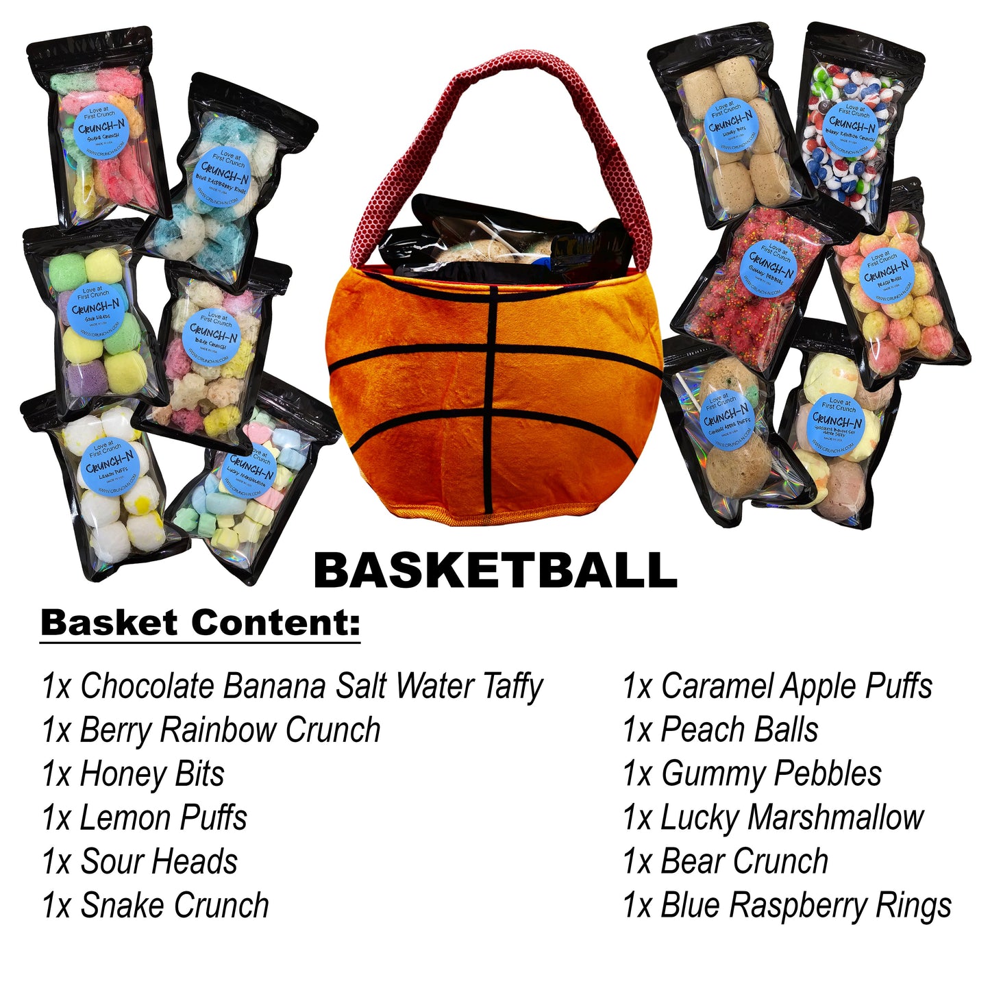 Crunch-N 12 Bags Variety Pack Freeze Dried Candy Bundle In A Sports Basket