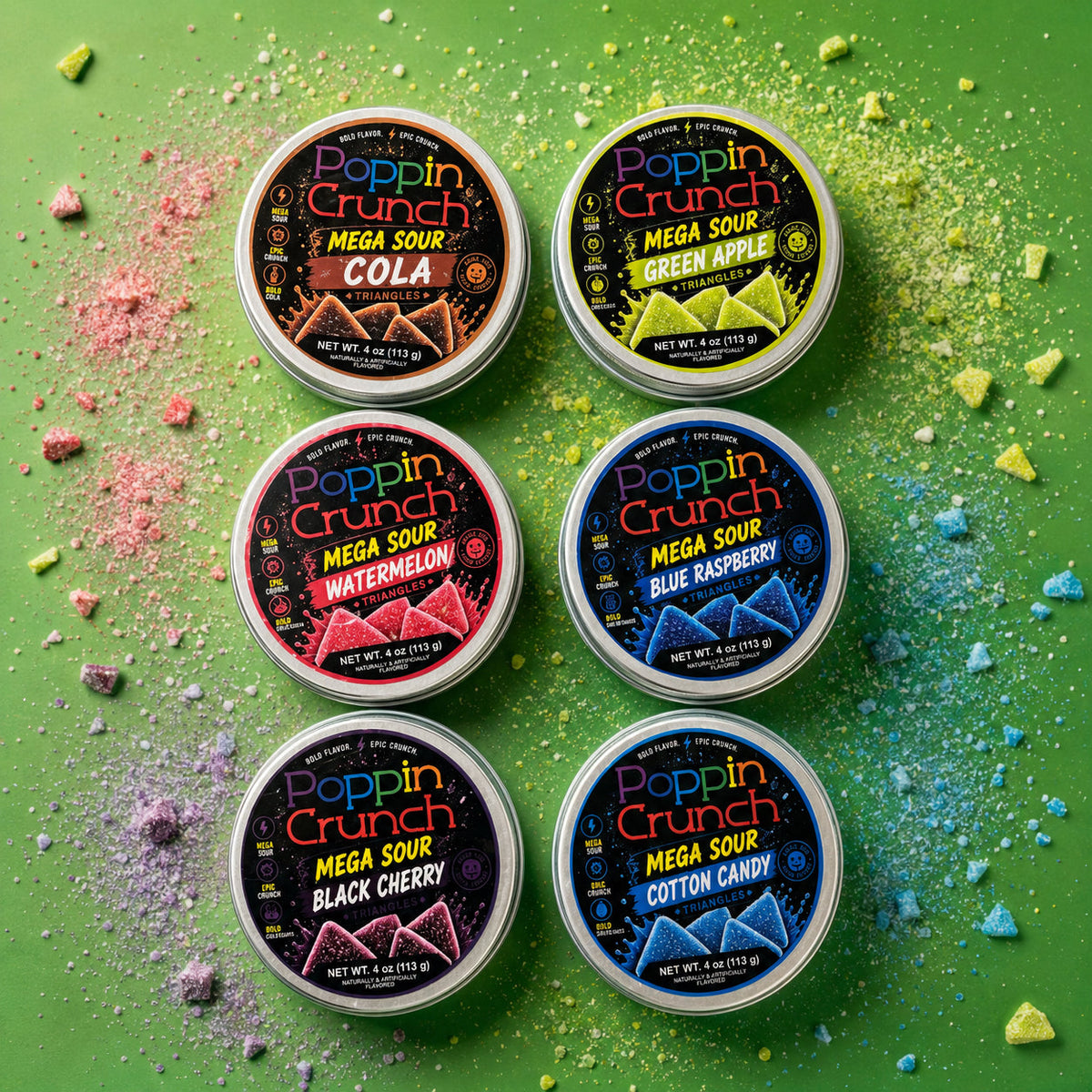 Poppin Crunch Sugar Free Mega Sour Candy Triangles