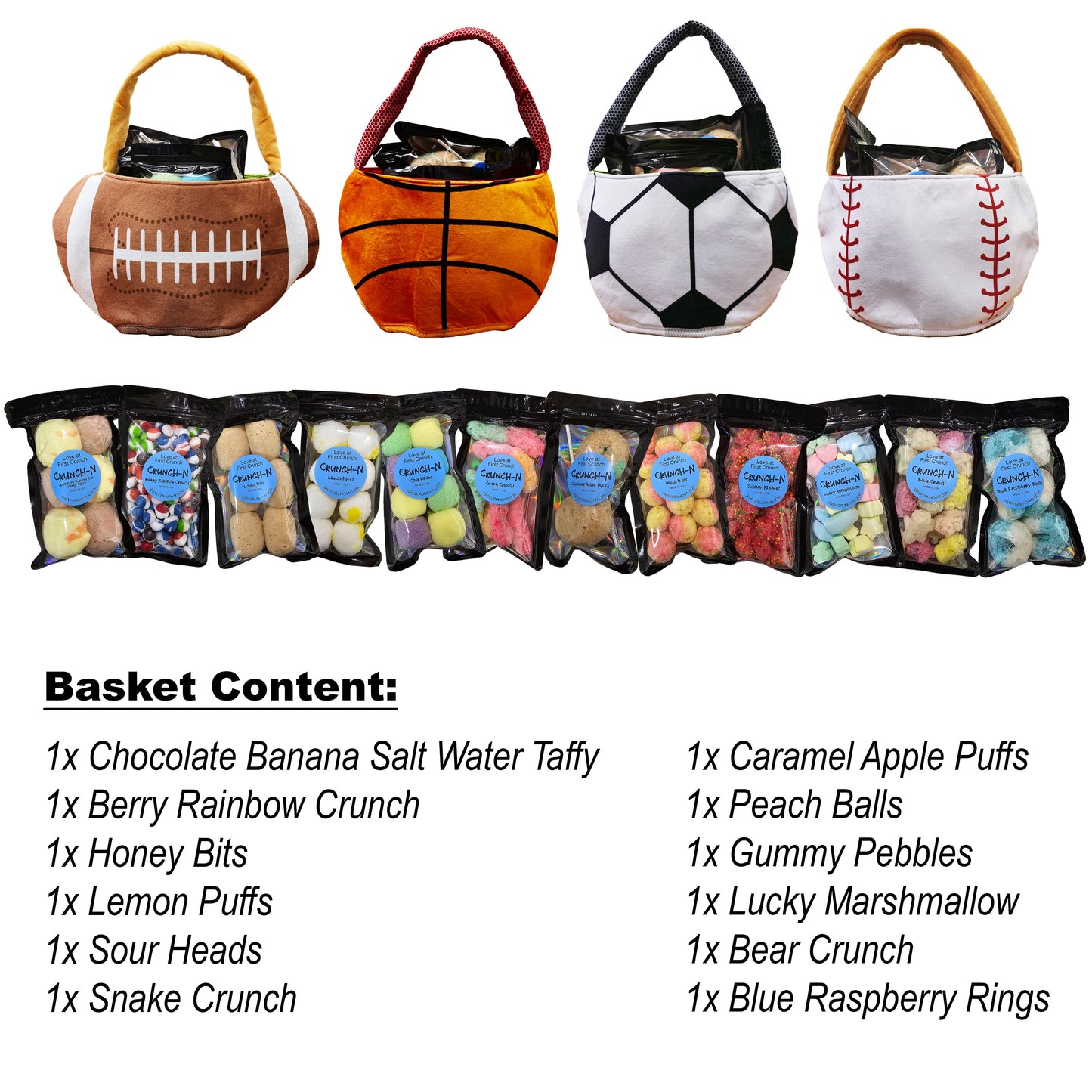 Crunch-N 12 Bags Variety Pack Freeze Dried Candy Bundle In A Sports Basket